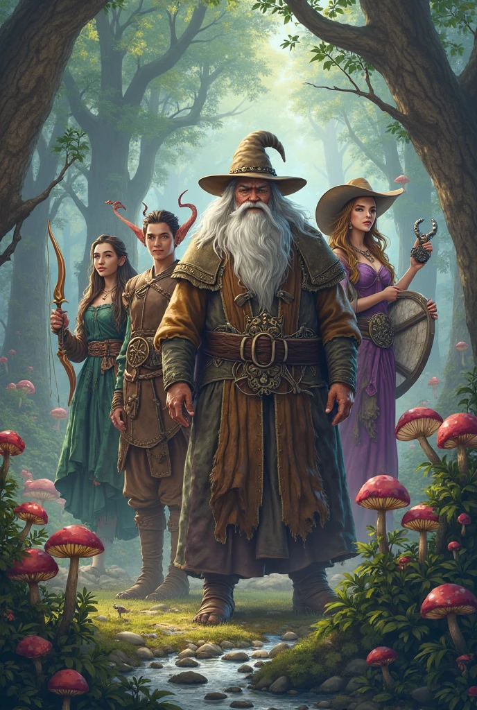 Image of a bard mother and an elf hunter father with a black-haired, gray-eyed elf child. Magical era. Semi-realistic, almost anime style.