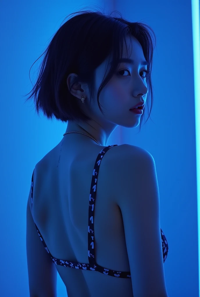 Pale cute light skinned Korean kpop star 18, flat face, athletic body, wet messy bobcut hair. Dancing, sexy, seductive. private room in strip club, blue lighting
