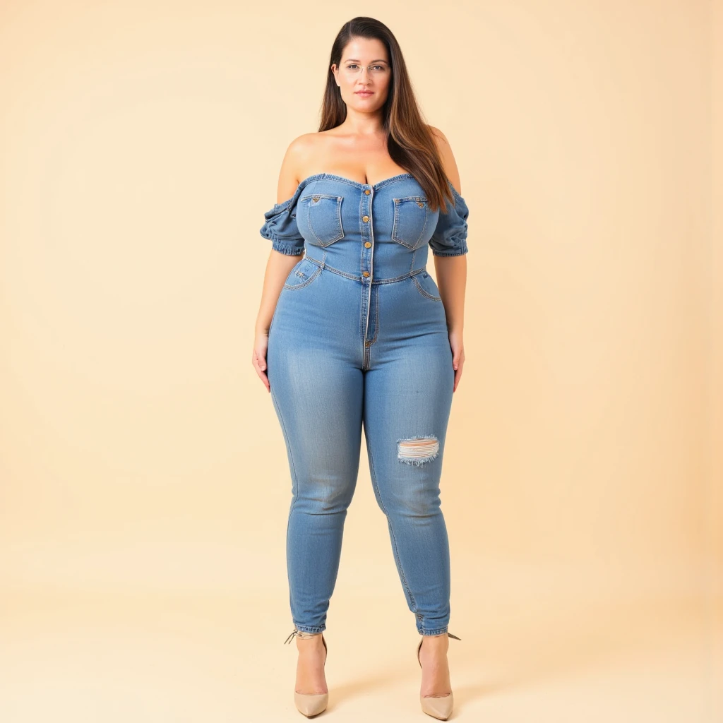A beautiful and hot almost chubby mature  woman. who is wearing a sleeveless denim bodysuit with a zipper on the front and standing next to a colored wall. A smiling face.
