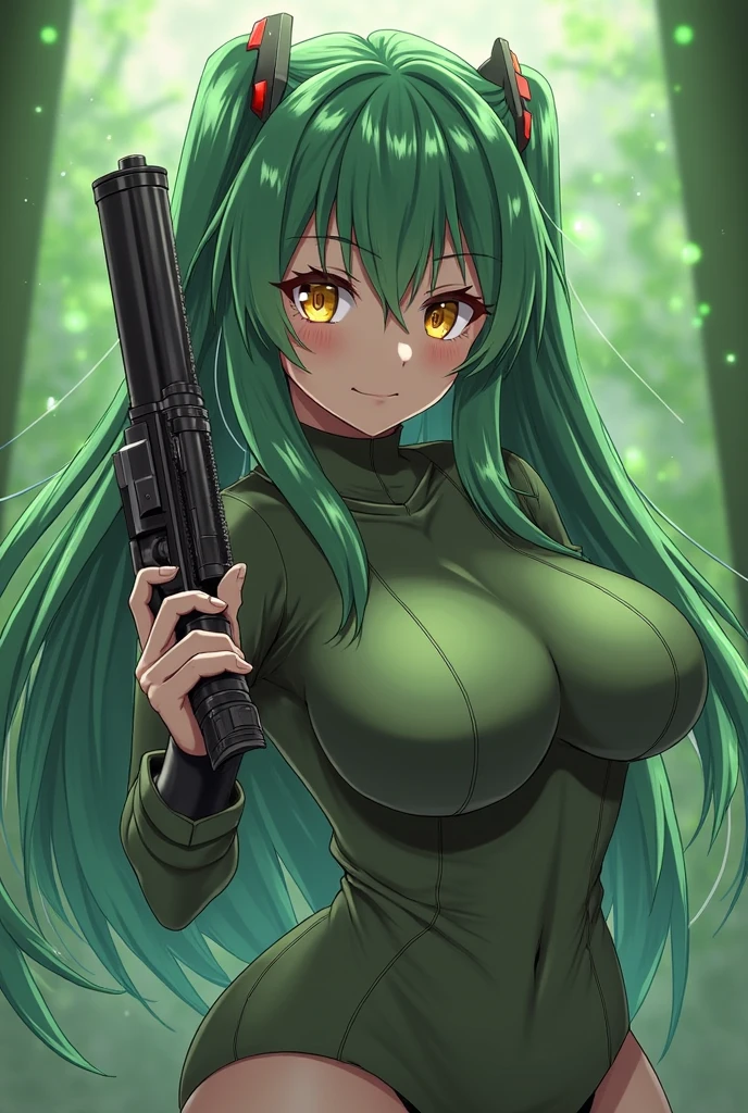 high quality, masterpiece, super detailed, 1 girl, extremely detailed faces, long black hair,Green Camo Bikini Bra,green camouflage gloves,Green camouflage trousers,handcuffs,collar,Calm expression,handcuffs,collar,long black hair, charming pink eyes, fox ears, Ridiculously big, skin shiny, mountain stream,creek,
