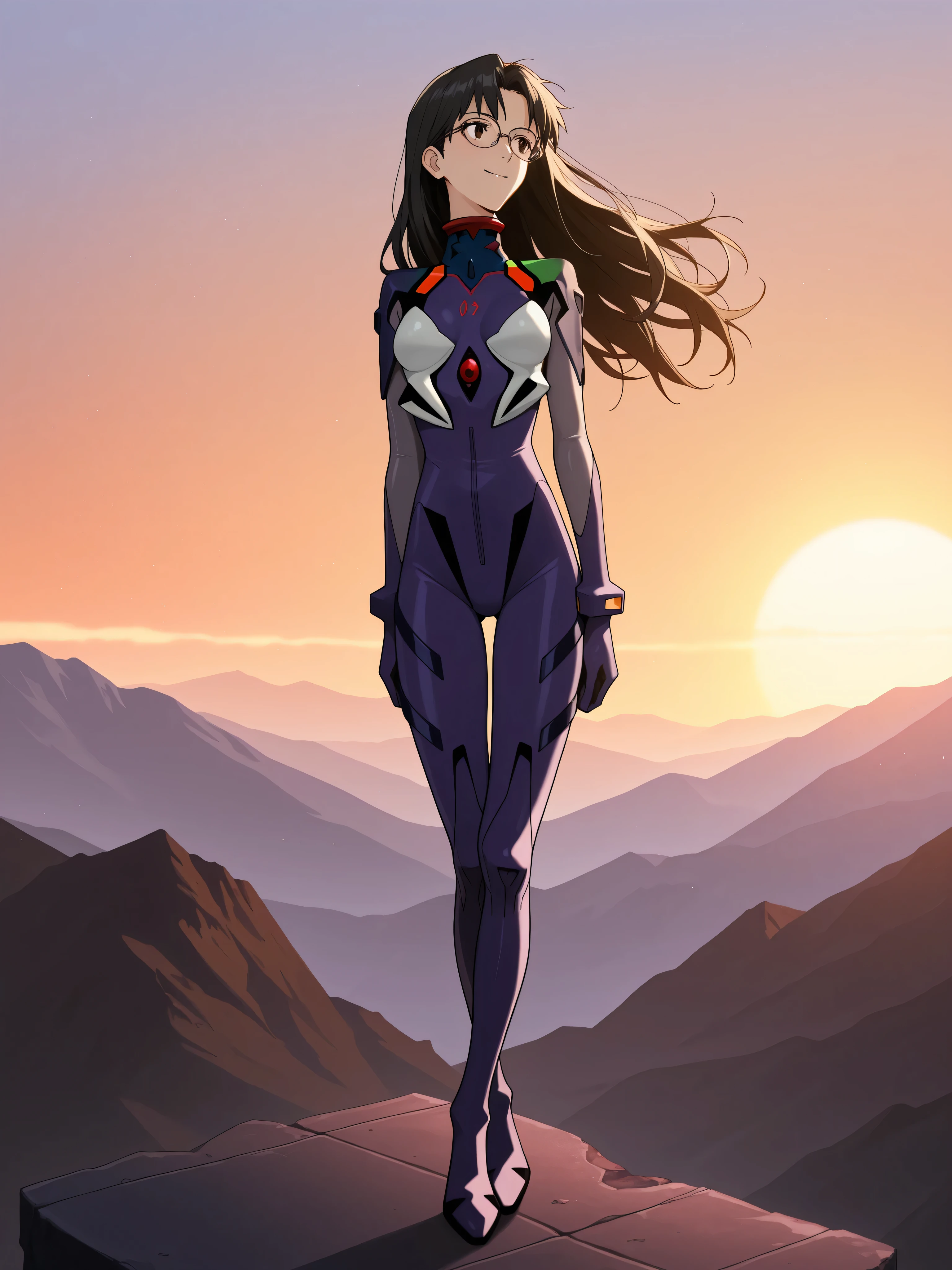 Masterpiece, best quality, woman, standing, mature, tall, full body, elegant, slim, looking away, grinning, beautiful, exotic, (black hair), long hair, cute bangs, flowing hair, (brown eyes), (dark_eyeliner), long_eyelashes, small_bust, wearing glasses, purple plugsuit, evangelion, outside, mountains in the distance, sunset,