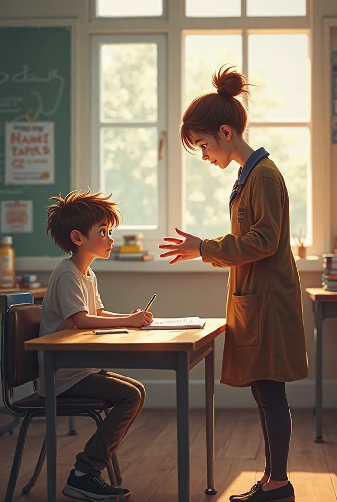 a teacher teaching a student in her notebook the teacher is standing next to the student who is sitting in her student seat