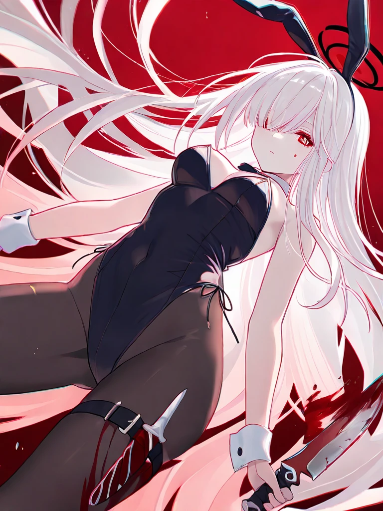 The image is in the style of a Ghibli studio anime., although somewhat gloomy and adult, It features a 20-year-old albino adult woman.. She is standing in front of a black wall, you see him from behind, She has long hair and red eyes. Shown with a smile. She has a white dress stained with blood, which reaches to his knees and one of his hands is also stained with blood. strong thighs.