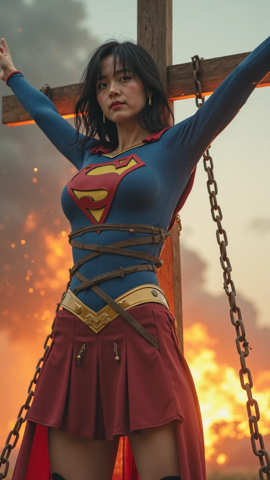 highest quality,masterpiece,UHD, Super detailed, 8K,(Beautiful woman),(一人のBeautiful woman),((crucifixion:1.5)),(((cross))),(execution),((incontinence)),scared,torture,slave,((crossにcrucifixionにされた女性:1.5)),crucifixion刑,((supergirl:1.5)),blue suit,Superman logo on chest,red skirt,red boots,((torn costume:1.5)),((Tearing of clothes:1.5)),(tattered clothes:1.5),Beaten face,顔にtraces of being beaten,((bruises on body)),scars on body,injured face and body,(Bruise, dirty, torn clothes, revealing clothes, Blood:1.3),traces of being beaten,Defeated heroine,a devastated world,ruins,abandoned building,(burning at the stake),((roasted over fire:1.2)),inflammation,(inflammationに包まれている),足下にinflammation,NSFW