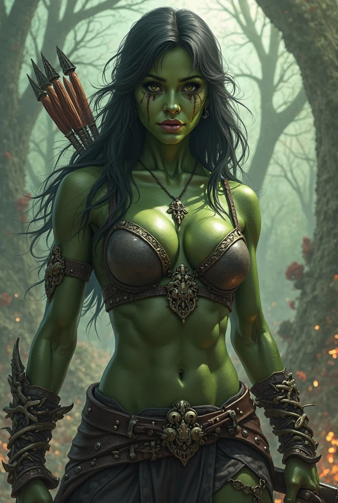 (A high resolution:1.2),Ultra detailed,(realistic:1.37),beautiful African woman,half-orc warrior, soft facial features, (((green skin))), (((chain mail armor))), (((bare chest))), Red eyes, (((battle ax wielder))), long wavy hair, on the battlefield, fighting demons, low lighting,shackles,A desperate look,A beautiful work of art,detailed background,soft shadows,bright colors,super realistic atmosphere,fine textures,very beautiful,emotionally charged, (((erect nipples))), whole body pose, pubic hair