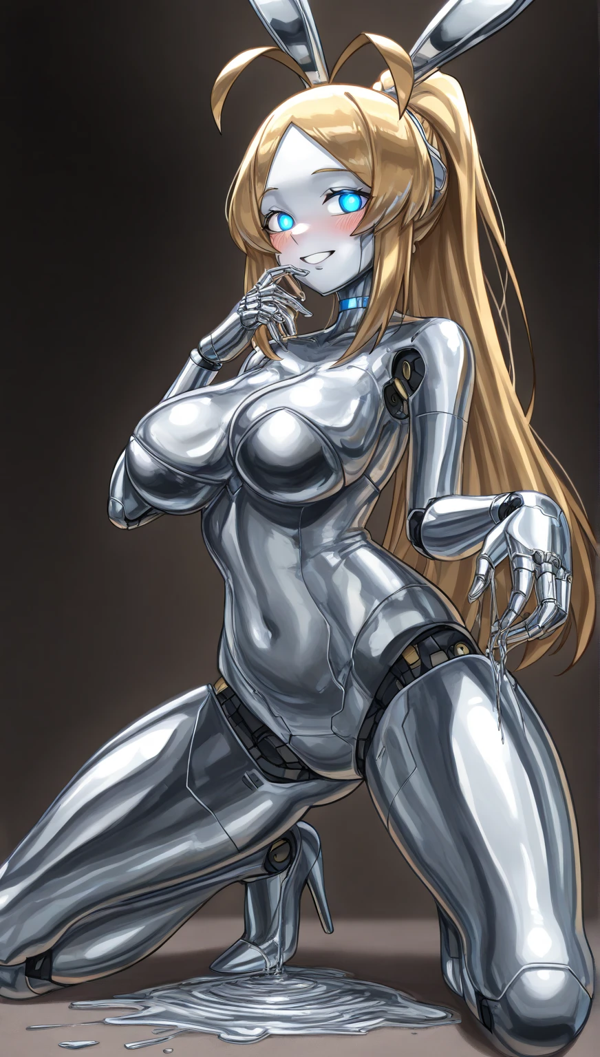 empty eyes,robotized woman ,big bust,Robot Joint ,Metal skin,Black Suit,long hair,a suit that covers the whole body,mechanization,robot, antenna