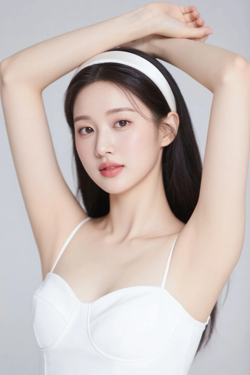 a beautiful girl in a white top is posing for a picture, beautiful young korean girl, beautiful girl, very white armpit, milky white skin, masterpiece, 8k photo