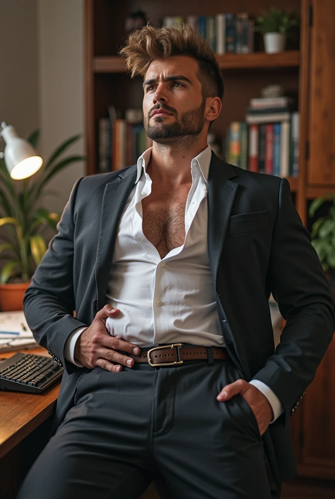 <lora:Untied_Tie:0.8>, photo of a man, (2nt13:1.2), necktie, open dress shirt, dress pants, muscular, stubble, mature, cinematic lighting, sitting in a chair, at the office
