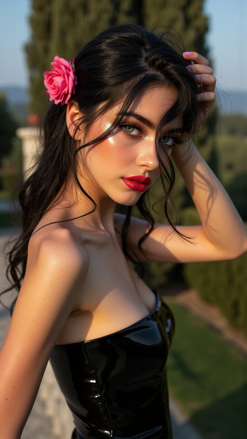 Snow White with a tattoo in a sensual style eating a juicy apple, her inked skin glowing under the sunlight as she takes a bite, in a lush garden with blooming roses and trickling fountains, the scene feels romantic and enchanting with a hint of danger, Illustration, rendered with vibrant colors and intricate details