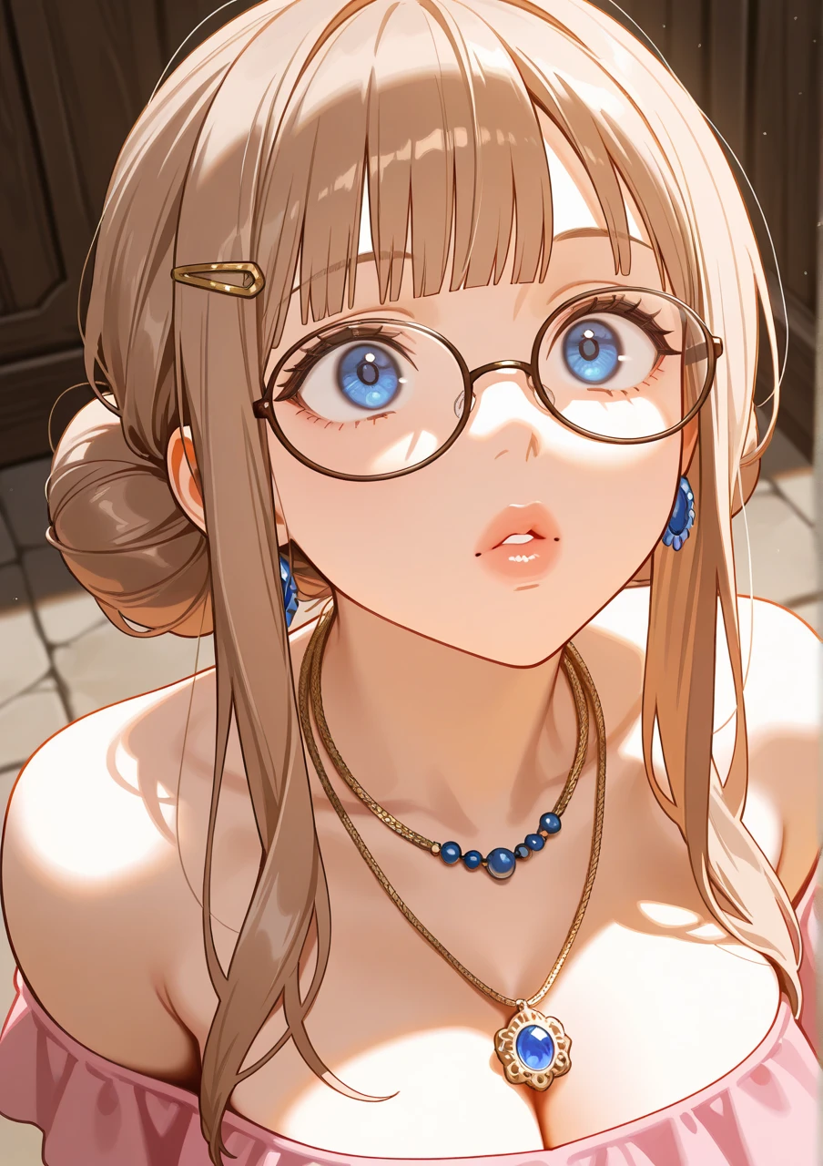 1girl, natural lighting, masterpiece, highly detailed, illustration, game CG, absurdres, high quality, beautiful detailed eyes, glossy lips, natural lighting, medium breasts, klaudia valentz, collarbone, cleavage, corset, red dress, light smile, night, neon lights, red carpet, crowd, jewelry, necklace, blush, side slit, glasses