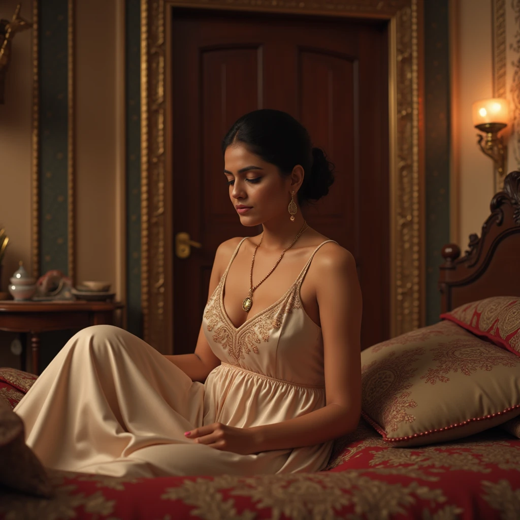 graceful woman with dark hair, facing the camera and standing in a confident pose. She is dressed in an ethereal, flowing gown that embodies the essence of purity and beauty. The gown should be elegant, with delicate, shimmering details and a soft, graceful silhouette. The room illuminated by soft, nighttime light coming through the windows and gentle, dimmed lights from lamps. The background features large windows, an ornate archway, and tastefully arranged furniture, adding to the sophisticated atmosphere. The overall mood is serene and divine, with the subdued lighting enhancing the angelic and otherworldly ambiance.