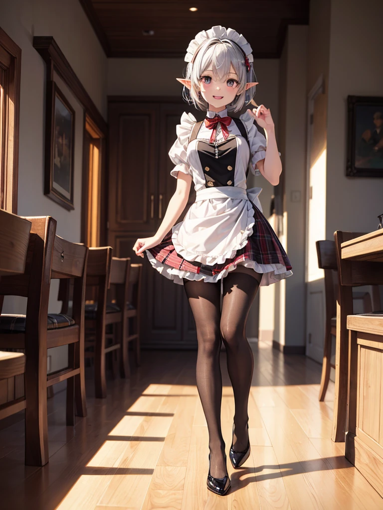 (solo Sakuya toho character standing at front of large glass windows), skinny, (open long legs wide:1.3), BREAK, (large perky breasts), (emphasize cleavage), (inconceivably thin narrow waist:1.3), short torso, thin long legs apart, arms behind back, arched back, BREAK, (very short maid dress) lifted breasts up, cleavage cutouts, (too short skirt:1.3), highheels, tiptoe, (pigeon toed), smile for viewer, open mouth