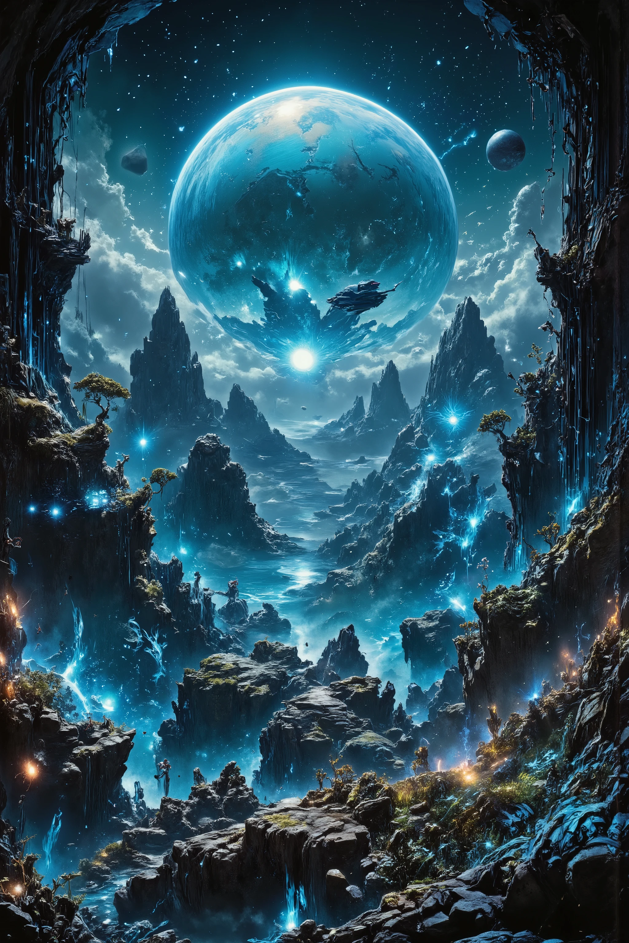 A futuristic garden built on a small asteroid drifting near a nebula. Holographic trees, glowing alien plants, and floating garden paths span the rocky surface. A quiet observation bench sits at the edge, facing a glowing gas giant in the distance. Dreamy sci-fi fantasy blend, meditative and still, neon bioluminescent color palette, ultra-detailed.





