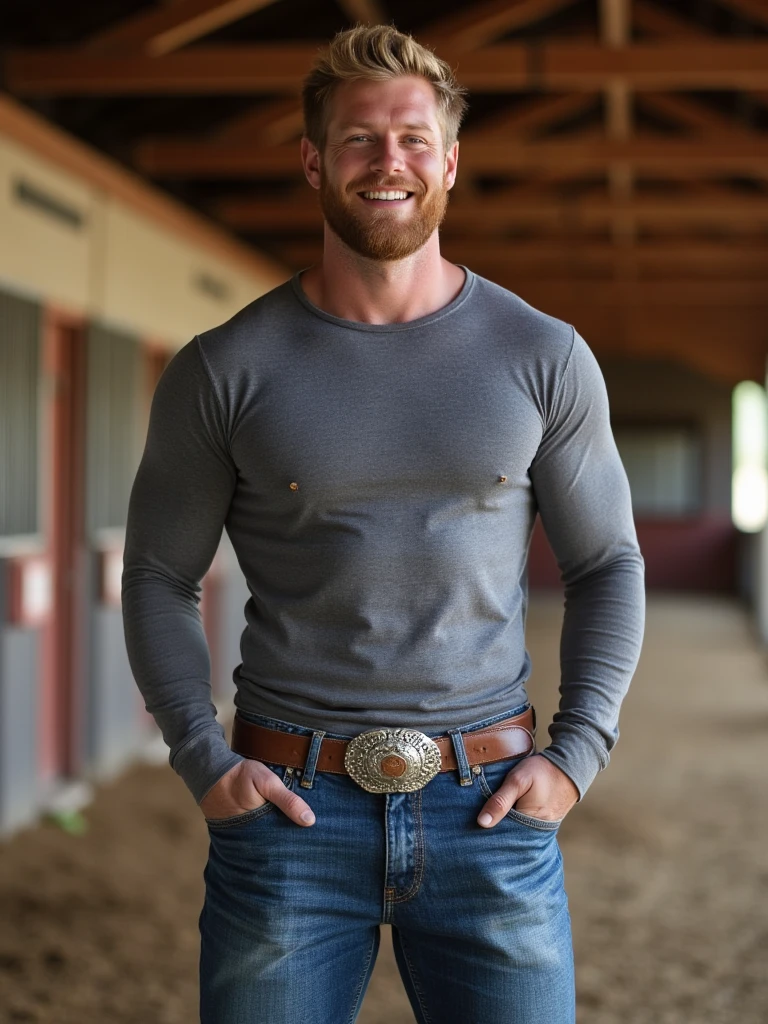 a man, sitting on the back of a pickup truck, shirtless with his arms folded, male focus, 1boy, solo, short spiked blond hair, beard, blue eyes, crossed arms, facial hair, body hair, muscular, thread necklace, boots, denim shorts, watch, smile, pectorals