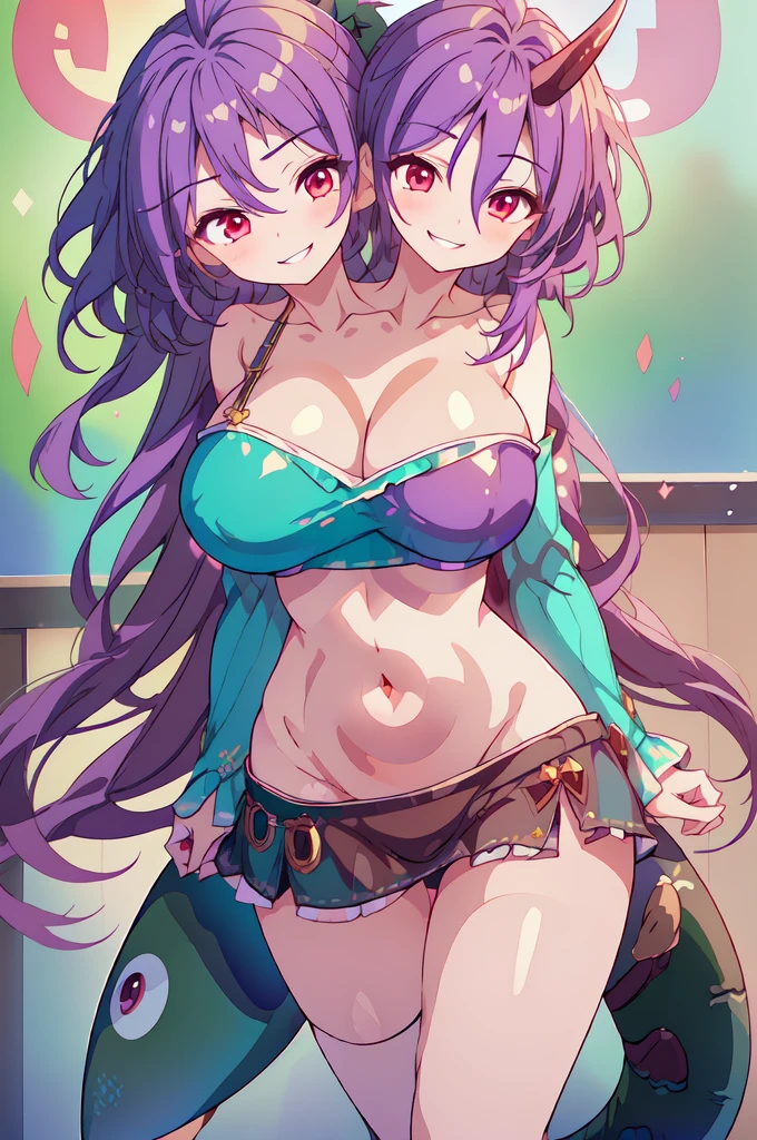 (masterpiece, best quality), best quality, (ultra-detailed), (3heads:1.5), 1girl, (chiyari tenkajin:1.3), masterpiece, best quality, (high quality), (high resolution), (best quality:1.5, highres, UHD), highres, absurdo, ultra detail, ultra quality, ultra resolution, ultra quality, ultra resolution, lime-green top, crop top, ((stomach)), midriff, ((groin)), teal skirt, normal ears, shackles, messy purple hair, (same hair color), very long hair, wavy hair, sidelocks, red eyes, detailed eyes, parted lips, single horn, sweat, cute, toned belly, hand on own chest, eyelashes, (24 year old woman:1.3), (masterpiece:1.5), (best quality:1.5), (beautiful detailed extremely detailed CG, extremely delicate and beautiful, depth of field, (finely detailed face), (perfect details:1.3), (mature female:1.3), wide pelvis, slender, large veiny breast, 16k resolution, highres, high quality, high definition, extremely detailed, masterpiece, messy purple hair, long hair, alluring presence, braid, short skirt, close up, very big tits, huge tits, young, girl with three heads, three headed girl,
