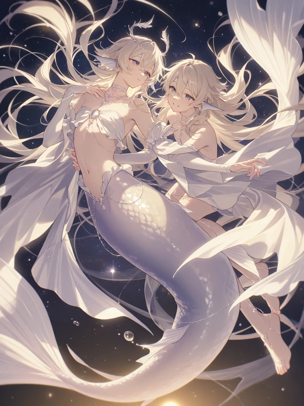 (Masterpiece, Top Quality, Best Quality, Official Art, Beauty and Aesthetics: 1.2), (Full Body, Medium) Mermaid, Dreamy, Ethereal, Romantic, White Hair, Silver Hair, Underwater, Air Bubbles, Flipping Cloth, Eye Highlights, Beautiful Eyes, Long Lashes, Beautiful Dance, Beautiful Woman, Beautiful Girl, Sparkling Beautiful Scales, Slight smile, Vivid and Beautiful Lighting --v 6