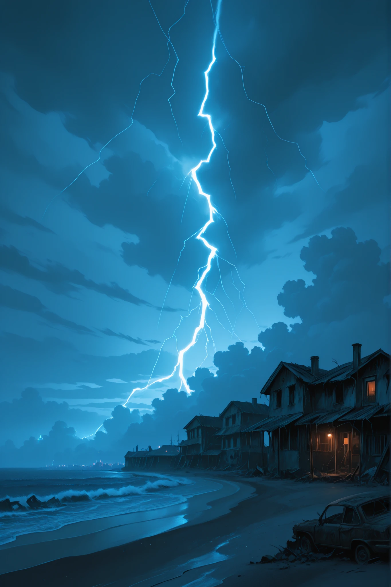 Pretty scenery, random scenery --no people, abandoned, foggy misty seaside beach, cloudy sky, cloudy, grungy, dark seaside town, thunderstorm, lightning