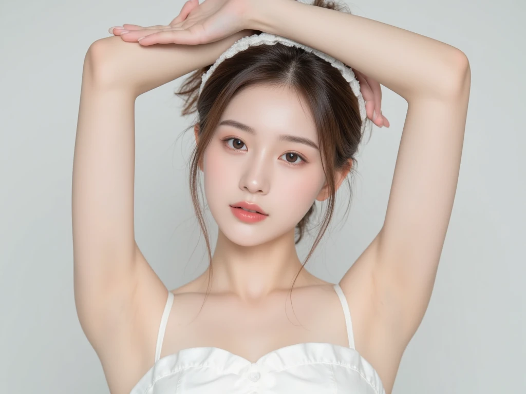 , there is a woman wearing a white bodice with a white breasted top and a white headband.,Posing with arms crossed gracefully above her head, Cute young Korean face , Young and beautiful Korean girl, Beautiful Korean woman, pretty girl, Smooth White, Transparent Lips and High Quality, , pale white skin like porcelain,, super cute and elegant pose , Popular Korean Makeup, Very popular Korean cosmetics, Attractive Gesture , beautiful South Korean girl