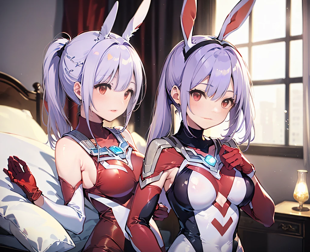 (Close-up:1.3),Realistic,highest quality, Ultra Detail, High-quality CG rendering, The most delicate and beautiful, Floating softly, High resolution, (1 girl), (Highest quality,4K,8K,masterpiece:1.2) ,Light purple hair,Rabbit,(Bunny ears:1.5),(ponytail:1.5),Red eyes, (Ultra Girl:1.0),(Blue Ultraman bodysuit:1.4),(Blue gloves:1.3),(Blue shoes:1.3),room,(Upper Body:1.3),bed,(bedに倒れている:1.5),Defeated,,(Slightly larger breasts:1.5),Sleep,Are sleeping,Eyes closed,Open your mouth a little,