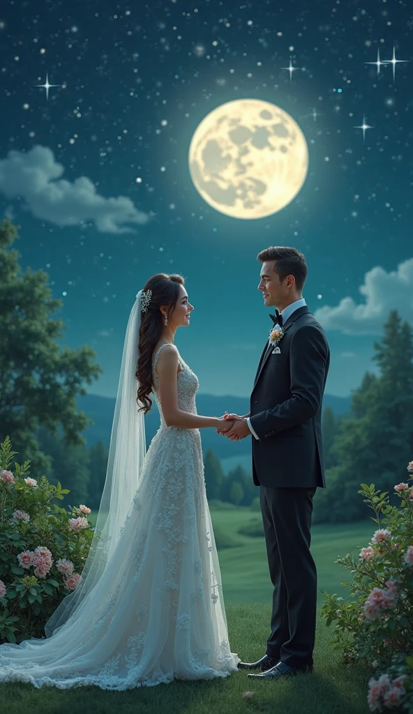 a romantic couple on a starry night under a full moon, bride in a wedding dress, groom in tuxedo, romantic, detailed, cinematic, realistic, moonlight, stars, dramatic lighting, (best quality,4k,8k,highres,masterpiece:1.2),ultra-detailed,(realistic,photorealistic,photo-realistic:1.37),dramatic, cinematic composition, beautiful night sky, glowing moon, sparkling stars, elegant wedding attire, loving embrace, soft focus, warm color palette, dramatic chiaroscuro lighting
