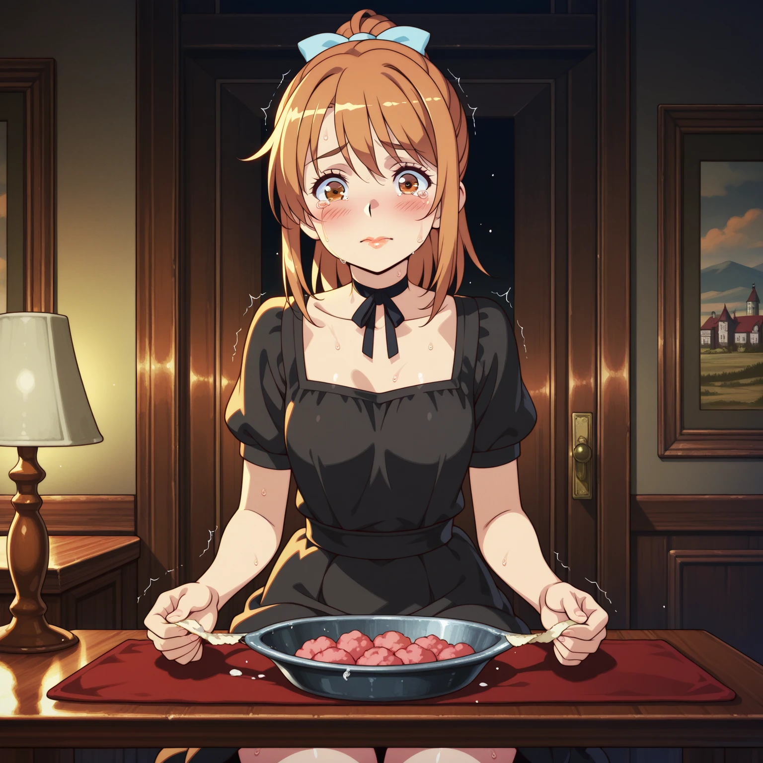 (((masterpiece, Highest quality, High resolution, 超High resolution, 4K, ))), One Woman, ((Food Wars!, Erina Nakiri)), Naked Apron, whole body, kitchen, Crab-legged stance, Peace sign with both hands, ((whole bodyローアングルビュー))
