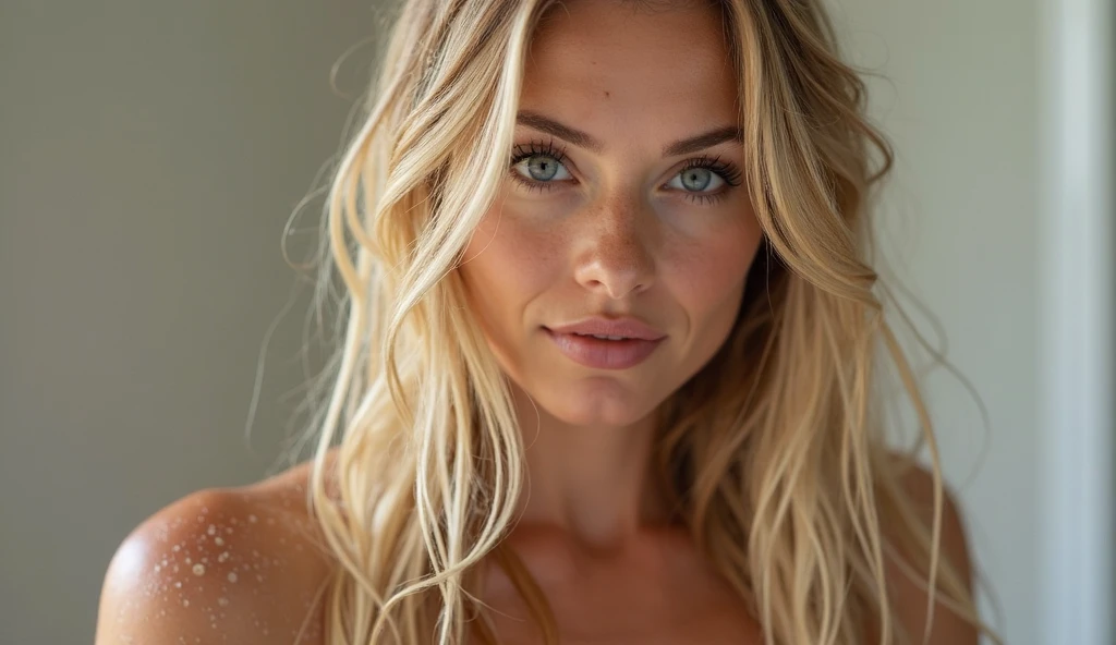 Generate me a blonde woman with beautiful blue-gray eyes. she is at home on a sofa and a white wall