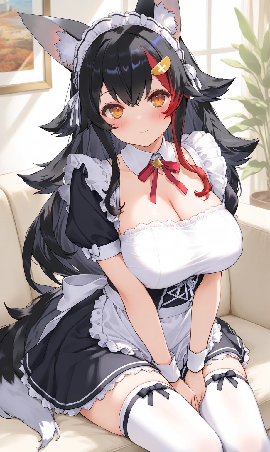 Black fox hybrid maid woman, wears a short maid outfit showing her panties, has long black fuzzy hair, has red eyes, has big breasts, has fox ears and fox tail.