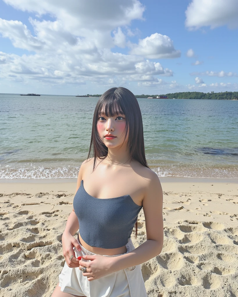 girl 21 years old, short shoulder-length pink hair, pink hair, bikini outfit, black bikini. I'm holding my hair with my hands
