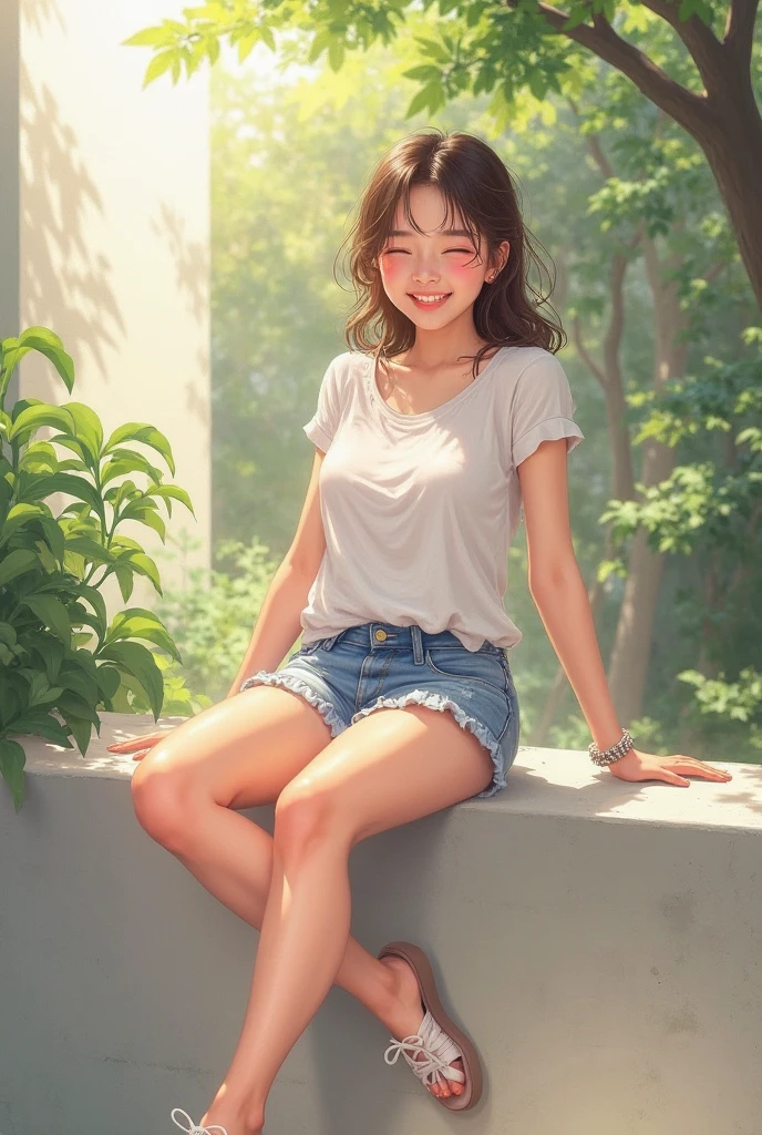 From the front, from below, white shirt, gray pleated skirt, white socks, loafer shoes, medium brown hair, blue eyes, sitting on knees, river bank, smiling