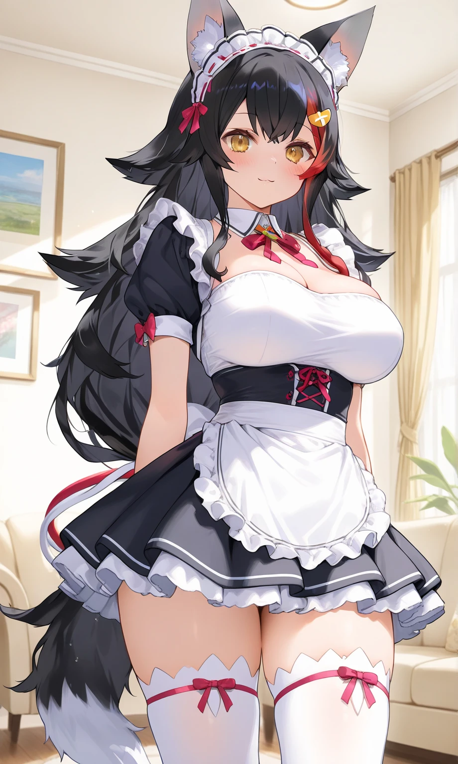 A black Kitsune red eyes highly detailed face highly detailed eyes large breasts sexy figure mature woman several black kitsune tails and soft long Kitsune ears, And I would only wear a sexy kitchen apron