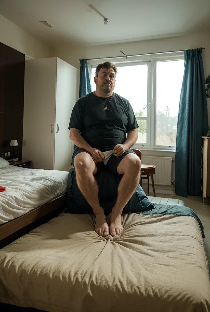 (best quality), (masterpiece), ultra-detailed, illustration, a scene involving one bearded shrunken  man, looking at viewer, 30 year old, (huge loose oversized baggy sweatshirt and loose long baggy shorts), wearing long baggy loose socks, (shrunken man standing next to bed in bedroom), next to beside table, bedroom, desk, chair, lamp, curtains, wood floors, side table, windows, apartment, dynamic light, combed back black hair, 8k uhd, dslr, soft lighting, high quality, film grain, Fujifilm XT3, sharp focus, F/8.0,  <lora:shrunk_xl_64_v11:1>