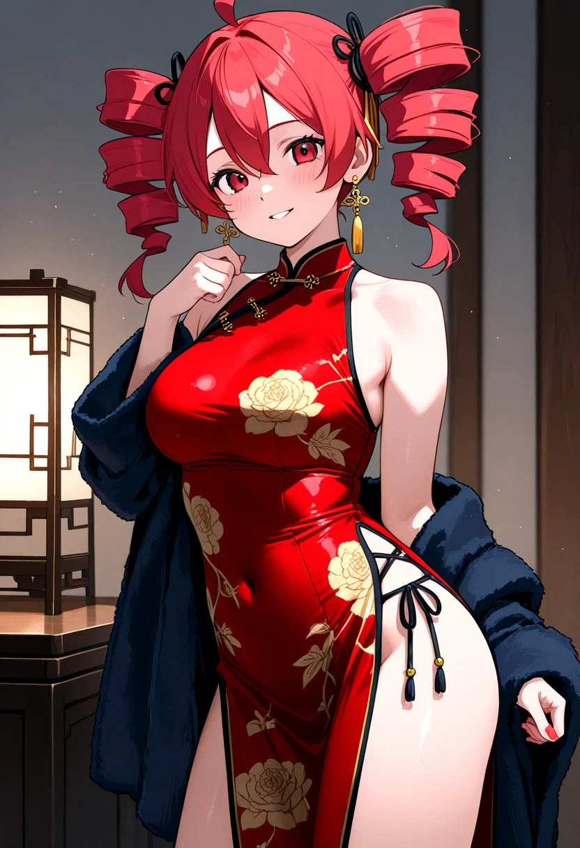 1 girl, cute, Red hair, glare eyes, chinese dress, blush, looking ahead at viewer