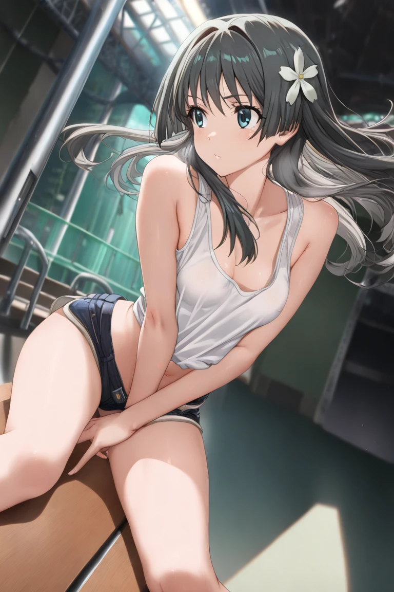 (Superflat, Flat Shading, flat-colors:1.1)、(Magazine Cover)、Illustrations、(one asian boyish girl)、(cute little:1.2)、very beautiful 14 year old cartoon girl、Great smile、cheeks are reddened、(High Detail Skin: 1.2)、photorealistic anime girl render、realistic anime 3 d style、cute littleボブカット、Beautiful brown hair、Intense black eyes、Strong highlights of the eyes、(A detailed、medium chest)、Perfect Anatomy、hair messy、Pretty underwear、((White panties that are transparent with sweat))、((Wet with water))、On the bench、Sit up、From below、((from the front side))、Show off your cute bra、Panties with a small area、Angle from your feet、Angle from below、((Angle looking up from below、Crotch show off))、studio with mirror、Volumetric lighting、Soft light、Bright、neons、Vibrant colors、watercolor paiting、
