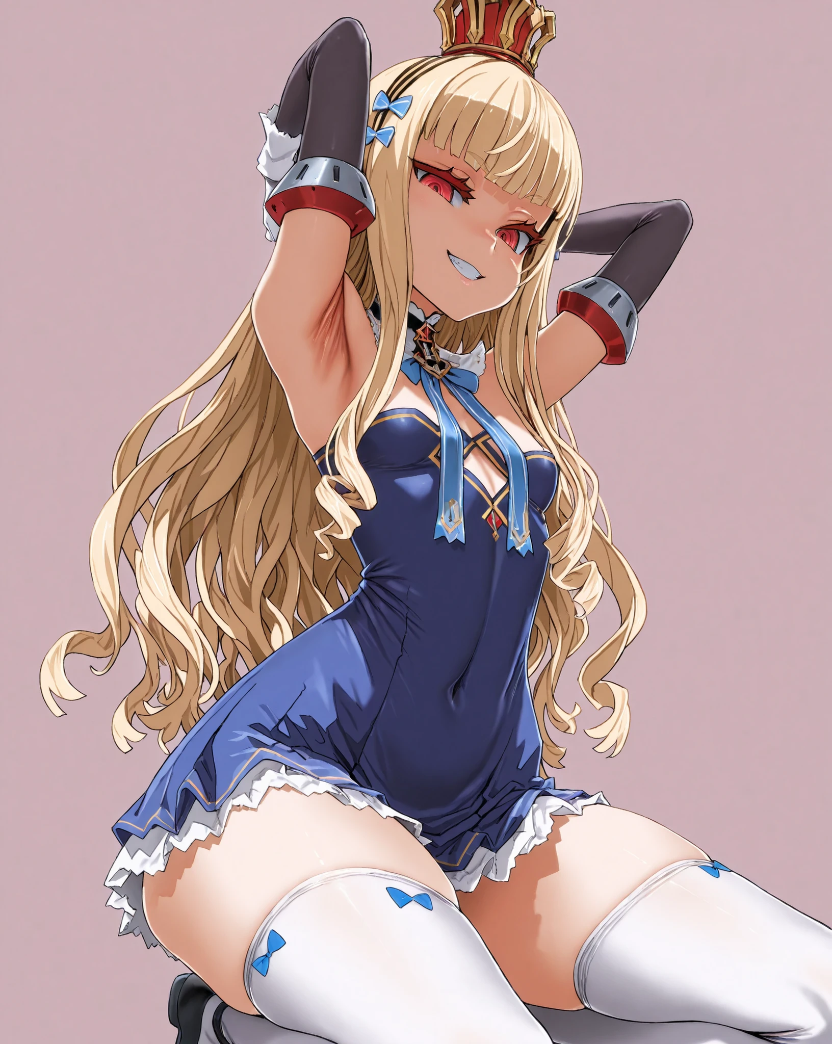 One girl is looking down at the viewer、smiling girl、half-closed eyes、Narrow eyes、grins、Asanagi Style、queen elizabeth \(azur lane\)、wide hips、thick thighs、Arms up, Crouching pose、masterpiece、 human body anatomically accurate human body 、｛｛｛best quality｝｝｝、Highest Quality、最高masterpiece、high definition、after being played in high definition、 beautiful expression of light、｛skin that reflects light｝、｛ Extremely Fine Skin｝、HD,16K,R18、beautiful scenery、