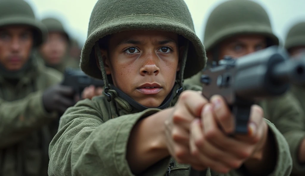 19 year old teenage boy, short curly hair, eyes with black iris and white pupil, wearing military clothes from the Brazilian army, holding a sniper rifle, with an expression of disinterest, In an army barracks.