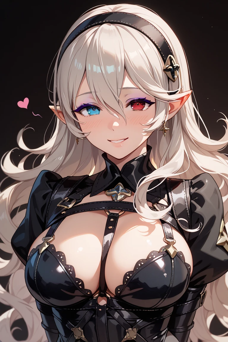 1girl, anime, cute girl, elf, blank background, white background, fantasy, detailed dark fantasy dress with highlights, beautiful face, beautiful eyes, dark colors, medium breasts, slight cleavage, beautiful skin, cute, silver hair, red eyes, breast curtains, extremely delicate and beautiful, (beautiful detailed face:1.0), (detailed deep eyes), symmetrical breasts, deep eyes, shiny skin, portrait, slender waist, hips wider than shoulders, thighs, young girl