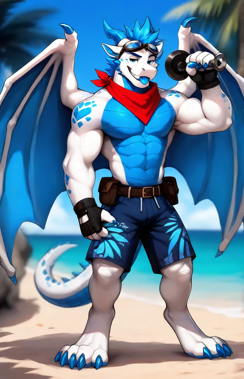 Masterpiece, Solo, Furry Light Blue Wolf, Light Blue Fur,Dark Blue Eyes, Dragon Wings, Bulking Body, Dad bod body, Cool Pose, Charming, Handsome, Life Guard outfit, wearing cap