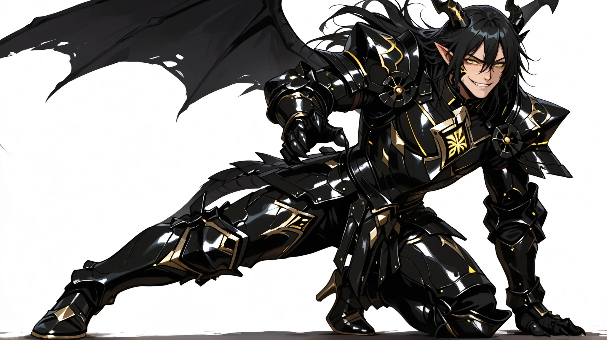 score_9, score_8_up, score_7_up, absurdres, 128K Ultra High Resolution, (masterpiece, best quality: 1. 5), high definition, highres, 8K wallpaper, CG, (((Anime))), (1 male), solo, lean body, (masculine), (floating in the air), weredragon, japanese anime style, glossy black, shiny black leather, ((beautiful golden eyes, finely detailed eyes, bright eyes, vertical iris)), hair between eyes, black hair, long hair, sideburns, wild hair, unkempt hair, (sly grin, smirk, evil smile), teeth, confident, ((ultra detailed face)), shiny skin, long pointy ears, twisted torso, long-legged, sculpted face, wasp waist, dragon horn, dragon tail, dragon wings, dragon sharp claws, (black armor with a lot of grandiose decorations), half dragon half human, dramatic angle, (dynamic pose: 1. 5), ((ultra detailed black armor)), black armor with gold accent, all black outfit, full body, emphasize face, focused expression, sharp focus, good-looking man, well-polished black armor, (best illustration), cinematic, dramatic lighting, (intricate detail, extreme detailed, super detailed: 1. 5), ((highly detailed artwork)), dramatic shadows, tenebrism, chiaroscuro, wonderful pose, chiseled features, stark contrast, heavy shadows, detailed black decorations, beautiful and aesthetic, photoreal, from side, (mysteriously crafted black metal armor: 1. 5), sparkling accessories, thick and luxuriant hair, ((ultra detailed fantasy black armor)), dressed in black, broad shoulder, true-to-life visuals, artistically refined, dramatic contrasts, ((extremely delicate and beautiful armor, elaborate armor details)), ((dark armor, stylized armor)), exquisite goldwork, wonderful black armor, armor with intricate engravings, ((armor-type high heels)), ((detailed shoulder armor with intricate engravings, gold accent black armor)), very gorgeous and dazzling, ((dark fantasy black knight)), slim waistlines, wide chested, sinewy body, (((Hyper Detailed & Perfectly Designed Black Armor))), (simple white background), windy