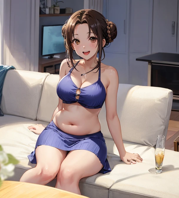 ((Best quality)), ((masterpiece)), (detailed), adult woman, Dress, sitting on the couch, Good shapes, wide hips, dark hair, Hair shine, confident facial expression , House, long legs, high, confident smile, European, the whole body is visible, life ball, Beautiful face, long hair, gorgeous eyes, big belly, smooth belly, swollen belly, woman standing on the left, Inside the room, Medium breasts, белое Dress, spread legs, spread your legs, белое Dress