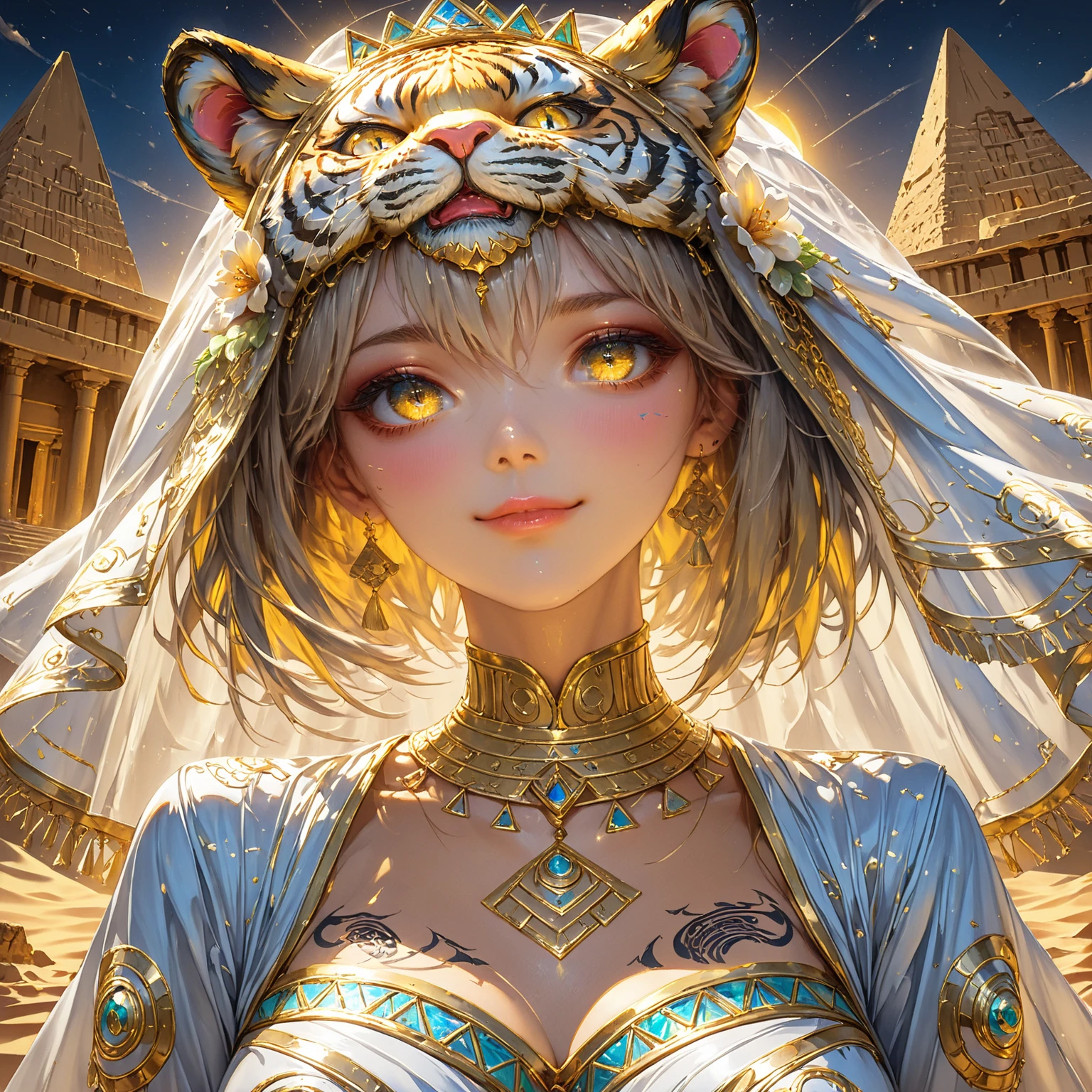 [intricate and detailed masterpiece of a goddess], the goddess is of human-feline race, she is adorned with intricate tiger tattoos, (accompanied by her faithful white tiger companion) in a heavenly place.