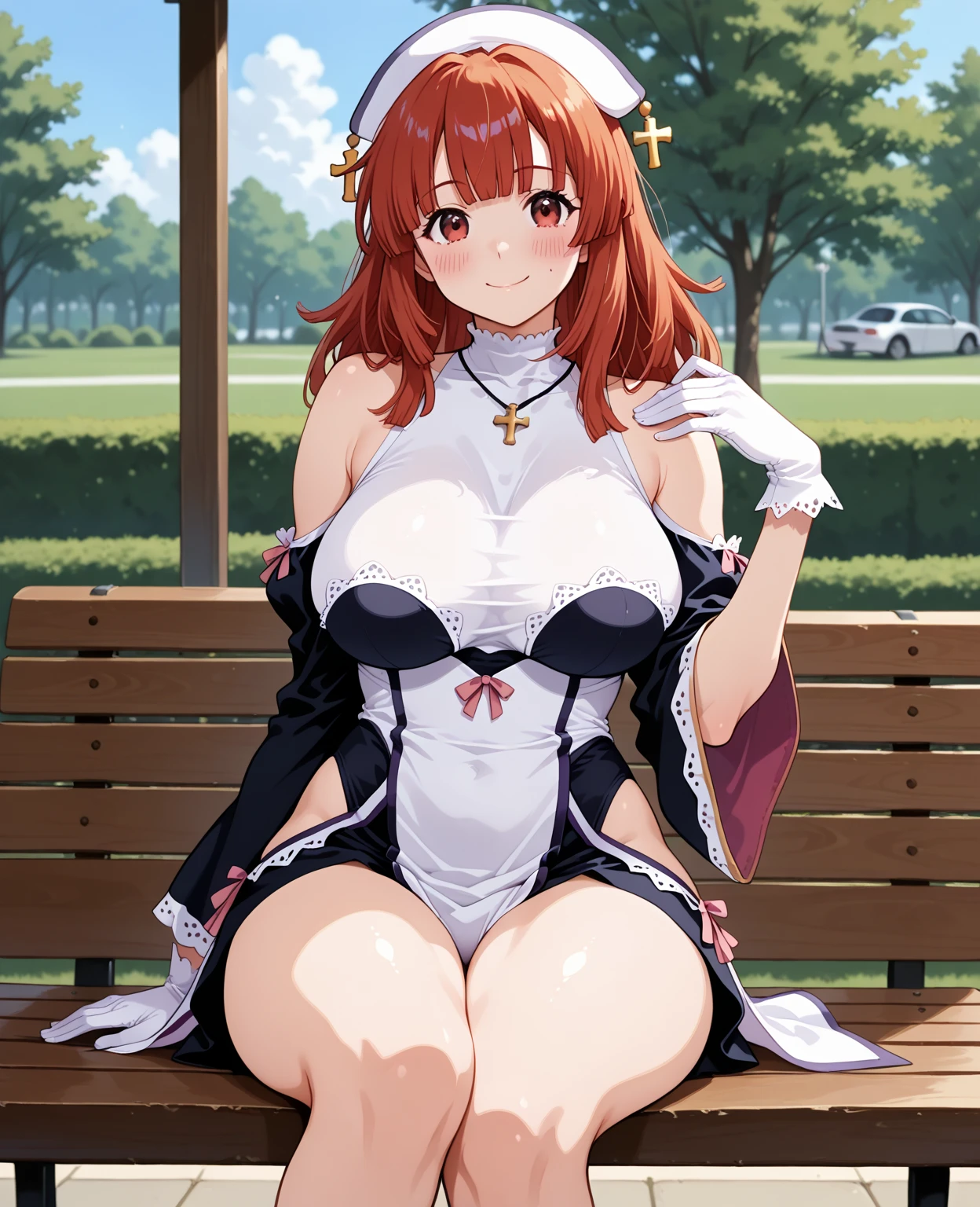 stacia, asuna, asuna_\(sao\), 1girl, (sexy pose:1.2), fantasy, highres, original, realistic, (excite), scenery, close_up, upper_body, (sit on a grass), smiling, solo, (potruding nipple:1.2), long hair, (huge breasts:1.5), looking at viewer, smile, open mouth, bangs ,detailed eyes, beautiful background, (forrest), hands on the chest, orange hair, (spread legs:1.3), thighhighs, gloves, dress, (cleavage:1.4), bare shoulders, brown eyes, very long hair, standing, (full body:1.5), white gloves, white dress, (open Breasts:1.5), armor, white thighhighs, garter straps, breeze, white armor, abec