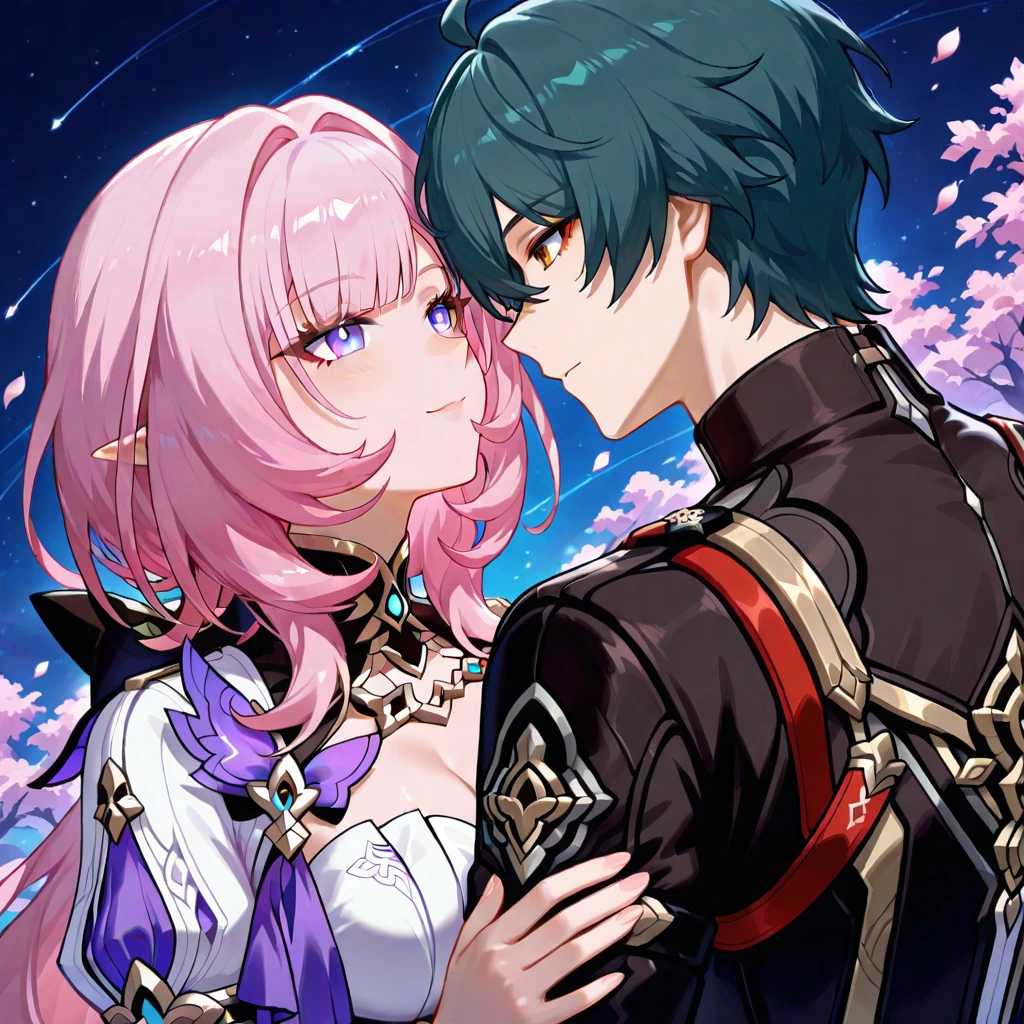 A pale purple-haired woman with blue eyes, clashing swords with a blonde-haired man with red eyes.