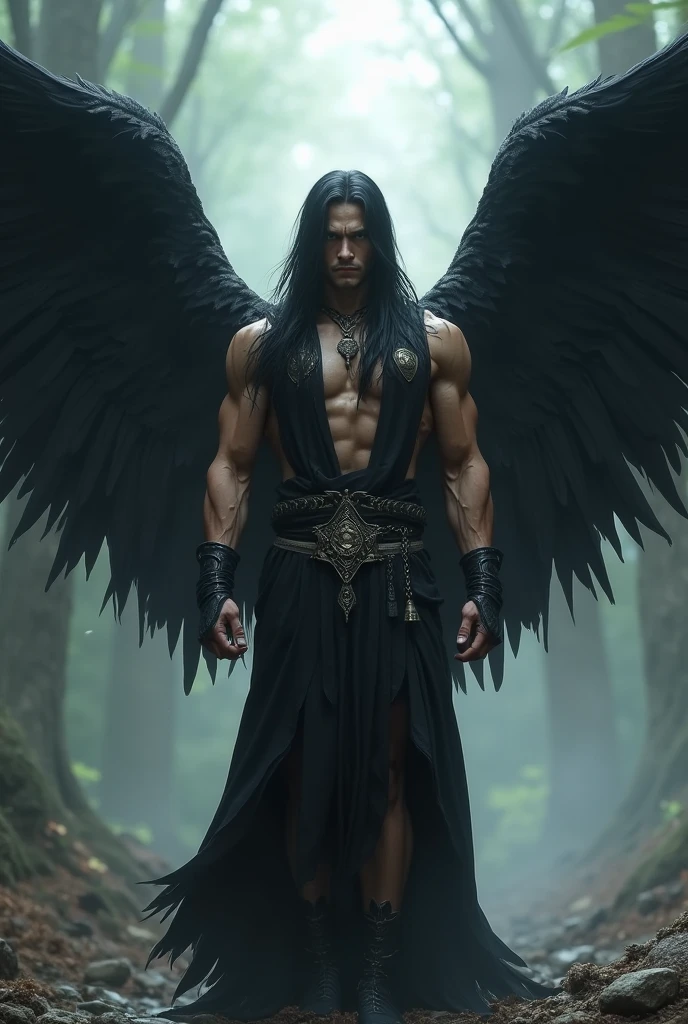 Create a male tiefling character with gray skin., gold eyes, black hair, wings and tail, tatoo, in a clear scenario