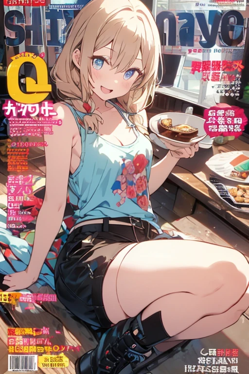 (small breasts:1.2), (perky chest:1.2), (pointed chest:1.2), (Pudding cake magazine cover:1.3),(from above:1.0),(shoot from the side:1.1),masterpiece, 1girl, Amazing Cleavage:1.1, thin waist, optimum,tmasterpiece,hight resolution,best qualtiy,hyper HD,super detailing,awardwinning,a 18yo cute girl,(The upper part of the body),anatomy correct,Beautiful Black miniskirt,garters,Gaze,Small face,bangss,holster,Beautuful Women,hands up,leg holster,Gaze,black boots,Cowboy Shot,cute face,a blond,Longhaire,Twin-tailed,Braids, Hairline,（scarlet eyes）,long eyelasher,Hanging eye corners,White skin of the, ((see through camisole:1.1)), ((Sheer nipples:1.0)),Rocket Tits,(Slim body),smile,seductive weak smiling,(with sparkling eyes and a contagious smile),little open mouth, Looking at Viewer,