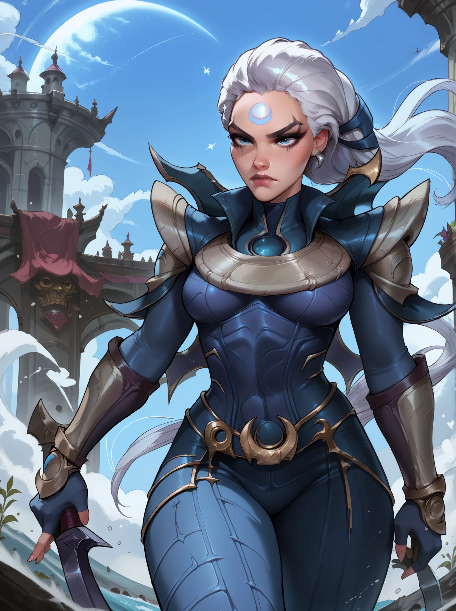 Diana from League of Legends, standing in a moonlit battlefield, long silver hair flowing, piercing pale blue eyes, wearing dark armor with silver crescent moon motifs, holding her (large), (curved crescent) blade, dramatic backlighting from a full moon, subtle blue mist around her feet, highly detailed digital painting, cinematic lighting. upper body illustration.