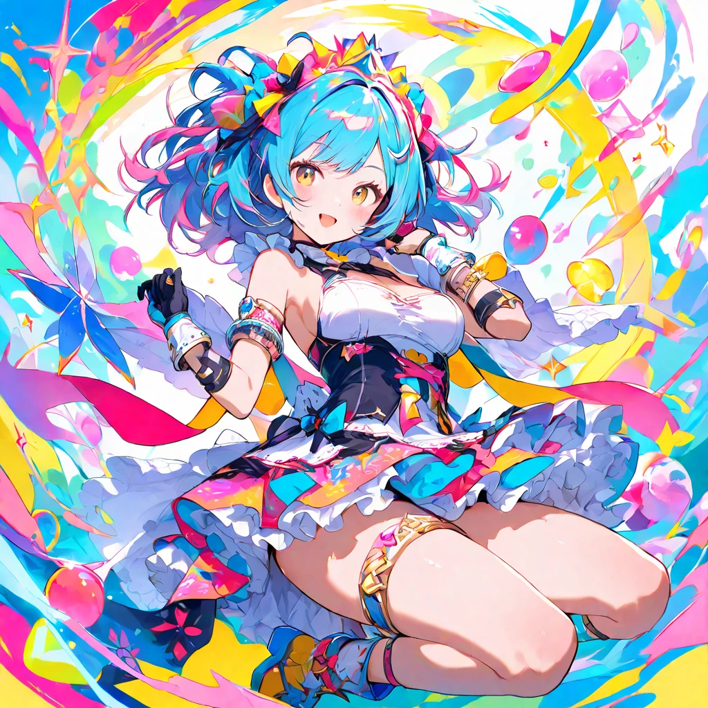 (masterpiece, Highest quality, Official Art:1.2), (colorful), Perfect Anatomy, Looking at the audience,one person's, alone, White Background, floating colorful water, Ultra-fine illustrations, highly detailed, Dynamic Angle, beautiful detailed, 8k, 壊す smiling amidst the colorful scenes.(Highest quality、masterpiece、High resolution、detailed), Anime Style, Dynamic Angle
