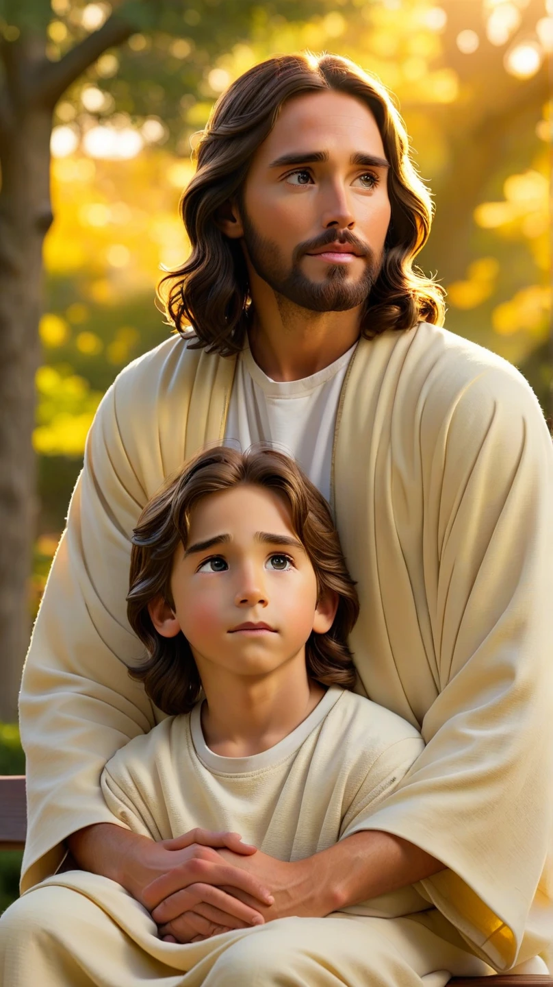 A beautiful ultra-thin realistic portrait of Jesus, the prophet, a man 33 years old Hebrew brunette, short brown hair, long brown beard, with hugging child in hand, wearing long linen tunic closed on the chest part, in front view, full body, biblical, realistic,by Diego Velázquez,Peter Paul Rubens,Rembrandt,Alex Ross,8k, Concept Art, PhotoRealistic, Realistic, Illustration, Oil Painting, Surrealism, HyperRealistic, hugging child s, Digital art, style, watercolor