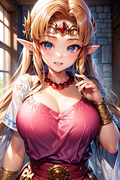 (masterpiece:1.2), best quality, high resolution, unity 8k wallpaper, (illustration:0.8), (beautiful detailed face:1.2, beautiful detailed eyes:1.2), perfect lighting, extremely detailed CG, (perfect hands, perfect anatomy),
Cute, beautiful, charming lady, shiny hair, lustrous skin, beautiful light big eyes,
milf, married woman, soft With a gentle appearance and a gentle mother-like atmosphere,
Feminine style, beautiful kubire, beautiful, naughty face,(large breast,busty:1.2),(round breast:1.1),Hourglass Shape,A well-defined figure,slender,skinny body,((thin_Waist))cleavage,peek bra,clothed bra,toned,((Emphasize cleavage))
Zelda_a, long hair, blond hair, pointy ears, blue eyes, circlet, pink dress, short sleeves, jewelry, bracer, bead necklace,