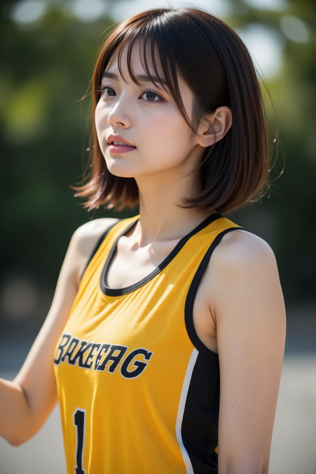 Before the start of the track and field sprint、（Yellow track and field uniform）、{Small size vest、Wear high-leg bloomers}、（The area around the stomach is exposed）、（hason、Exposed skin on the arms and legs）、crouched、M-shaped legs、closeup cleavage、cosplay foto、Anime cosplay、middlebreast、RAW photography, top-quality, A high resolution, (tmasterpiece), (Photorealsitic:1.4), professional photoshooting, foco nítido, NFFSW, 8K分辨率, intricately details,  depth of fields, Extremely detailed CG unity、8k wallpaper, Frontlighting, Girl vs, （kawaii）、Beautiful supermodels, A smile、Short Bob Hair、slenderness、Free posture、dynamic ungle