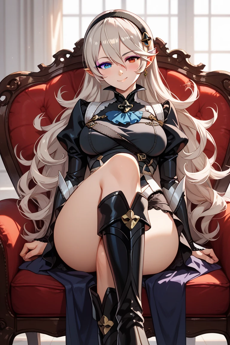 a woman in a purple outfit sitting on a chair with a sword, artoria pendragon, fully clothed in armor, breasts covered and sfw, wearing shiny breastplate, thick armor, in opal armor, thicc, big breasts!, in a regal armor, big breasts!!, dressed in armor, anime style like fate/stay night, inspired by Li Chevalier